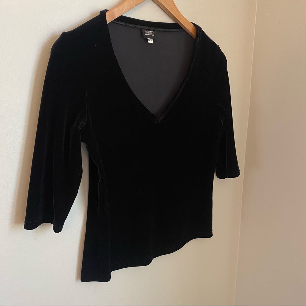 Vintage Y2K Jacob Black Velvet V-Neck Top Blouse 90s M Fitted Stretch Retro - Picture 5 of 8
